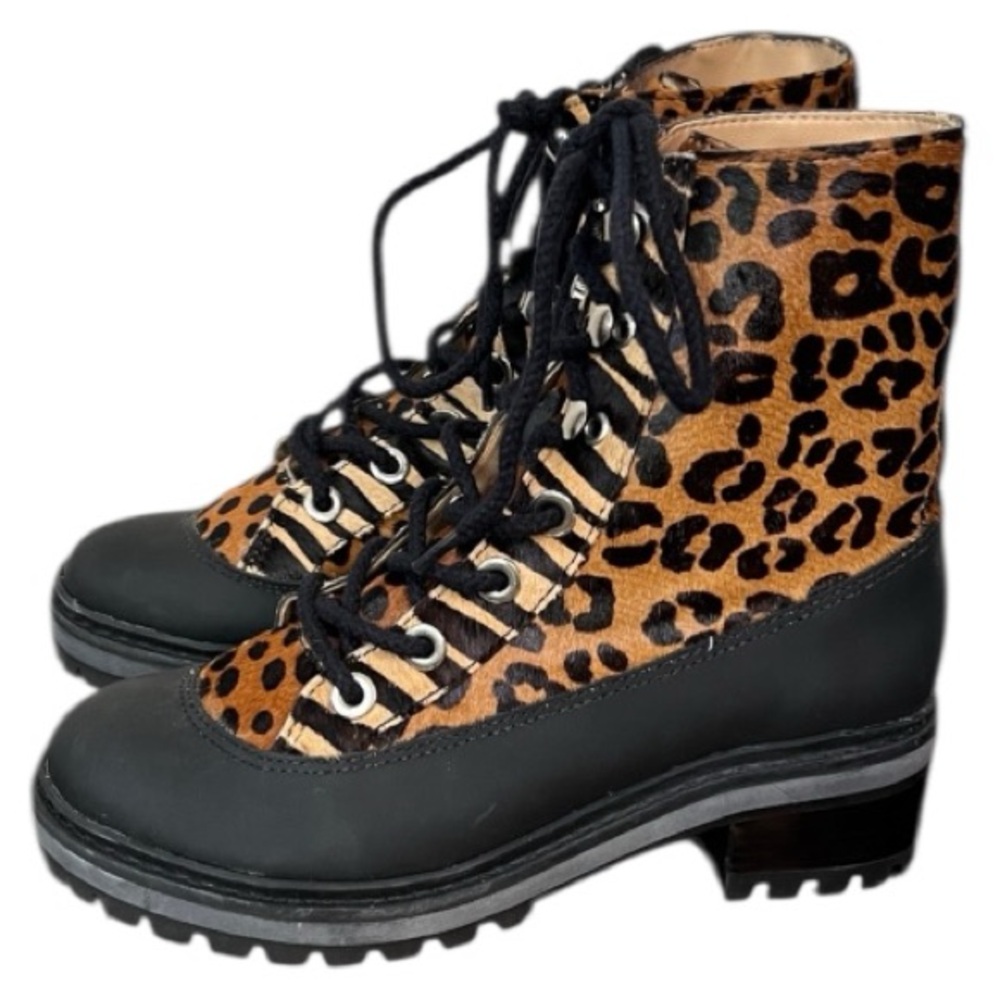 Schutz Magalda Animal Leopard Print Calf Hair Lace-Up Combat Boots Size 5 - Picture 2 of 8
